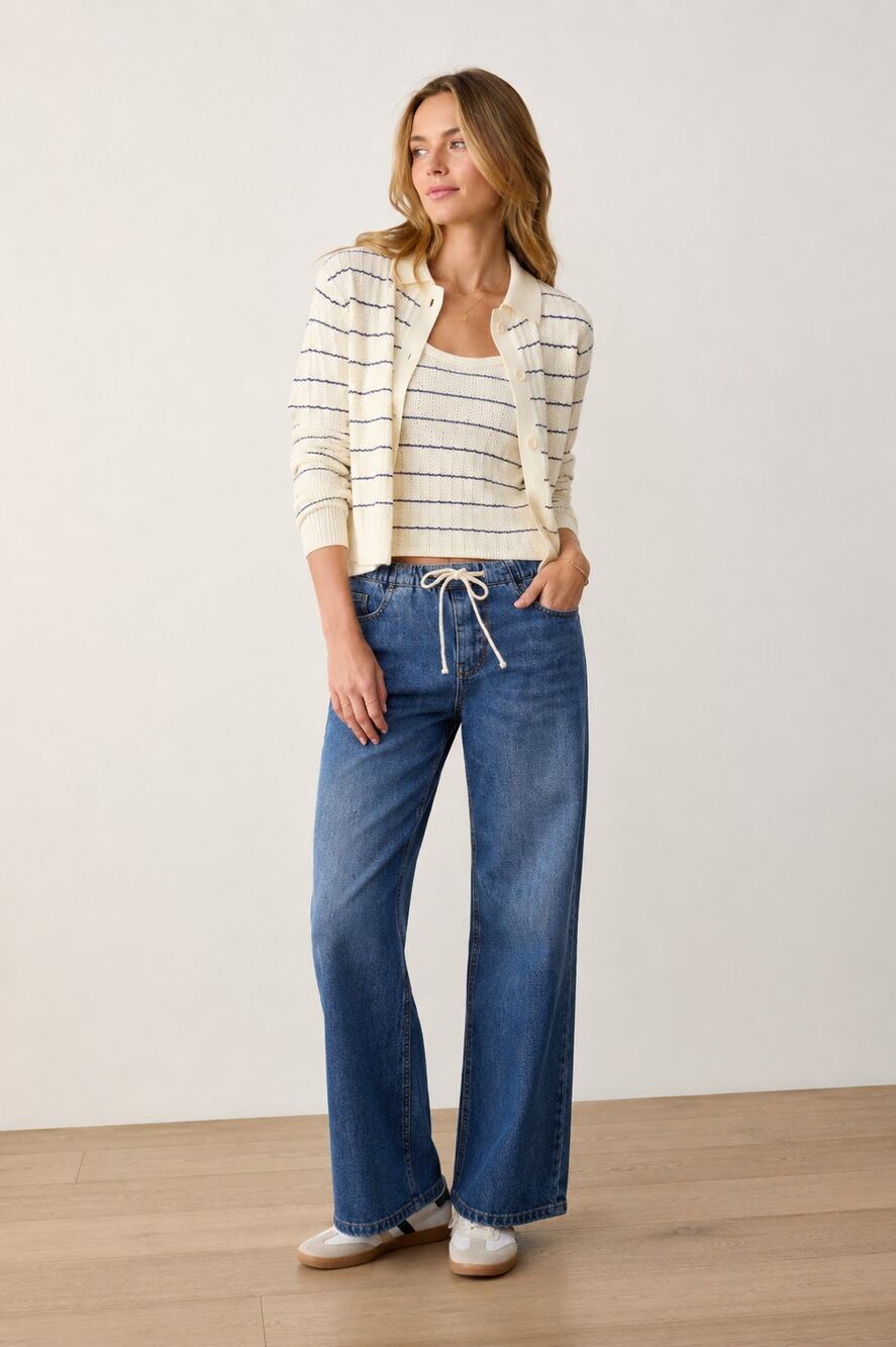 Marine Layer Eva Pointelle Polo Cardigan & Sweater Cami Set Cream Blue Stripe M